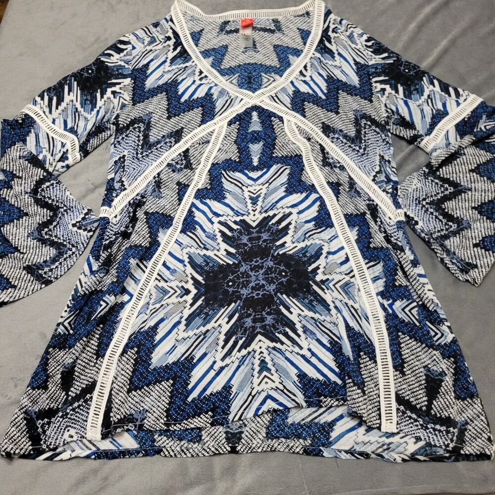 Red Carter Shirt Women Large Tunic Top Blue White Aztec Oversized Stretch Blouse
